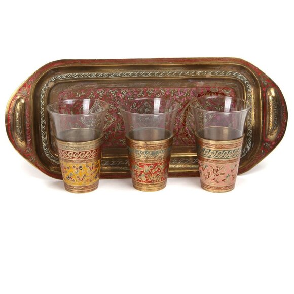 Vintage Indian Brass & Glass Hammered Cups & Tray  Engraved Floral Lassi - 4 Set - Picture 9 of 9